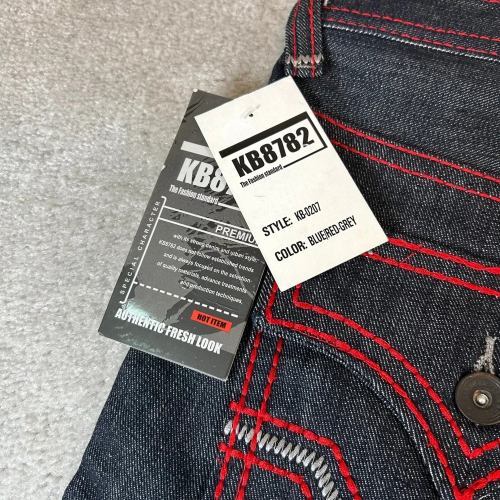 Vintage Y2K KB8782 Jeans Mens 38‎ Blue Red Grey Contrast Stitch Straight Leg NWT